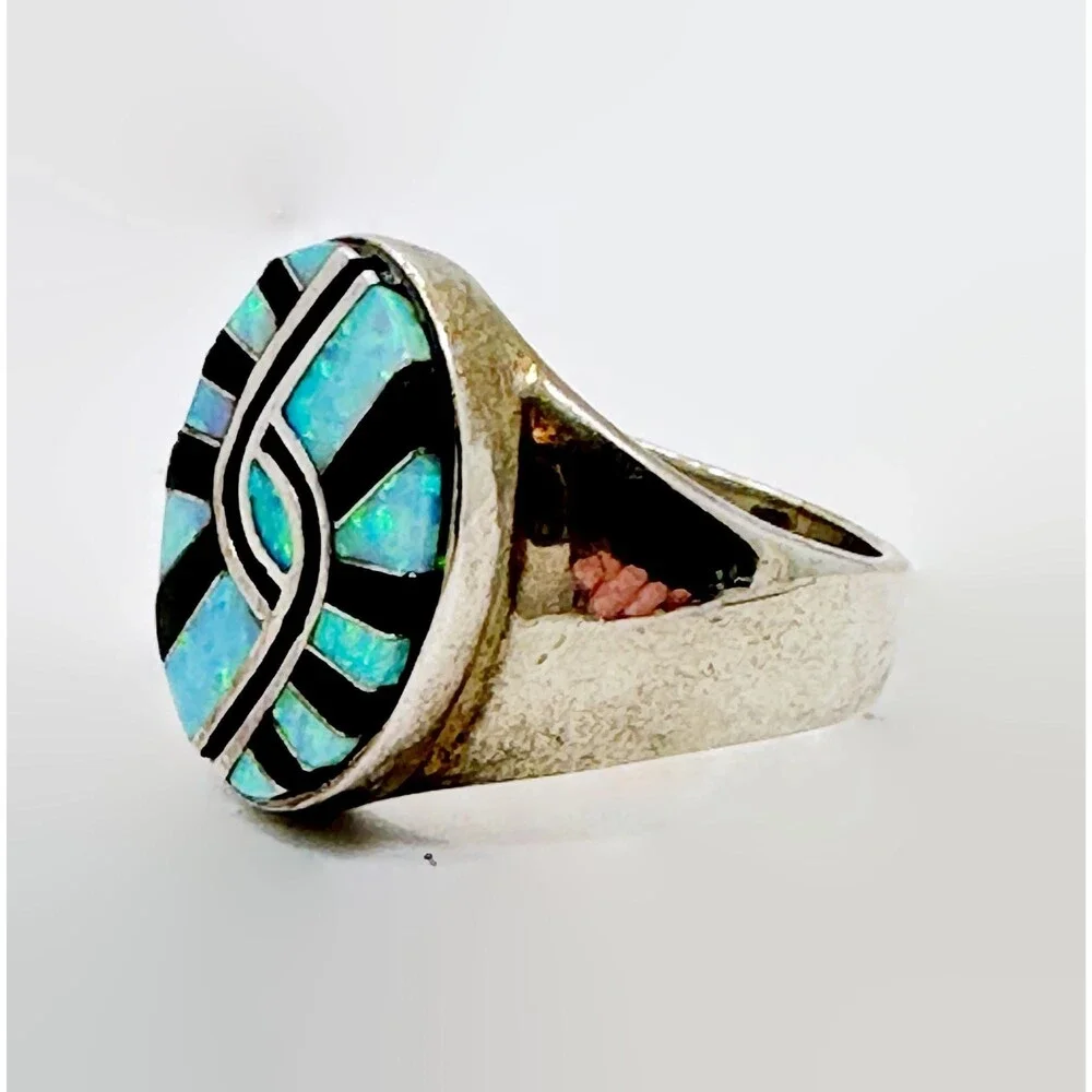 Vintage Zuni Opal & Black Onyx Inlaid Sterling Silver Ring, Size 11